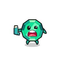 emerald gemstone mascot having asthma while holding the inhaler vector