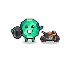 cute emerald gemstone cartoon as a motorcycle racer vector