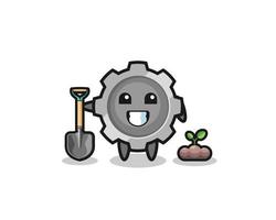 cute gear cartoon is planting a tree seed vector