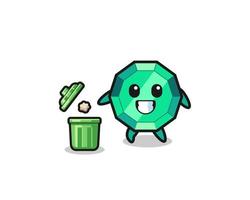 illustration of the emerald gemstone throwing garbage in the trash can vector