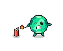 emerald gemstone mascot illustration playing firecracker vector