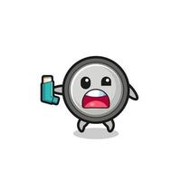 button cell mascot having asthma while holding the inhaler vector