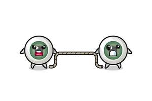 cute eyeball character is playing tug of war game vector