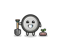 cute button cell cartoon is planting a tree seed vector