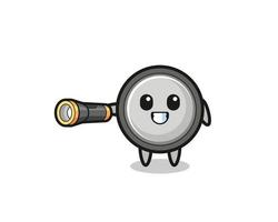 button cell mascot holding flashlight vector