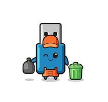 the mascot of cute flash drive usb as garbage collector vector