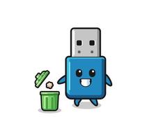 illustration of the flash drive usb throwing garbage in the trash can vector