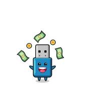 illustration of the flash drive usb catching money falling from the sky vector