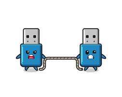 cute flash drive usb character is playing tug of war game vector