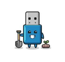 cute flash drive usb cartoon is planting a tree seed vector