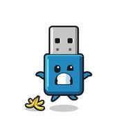 flash drive usb cartoon is slip on a banana peel vector