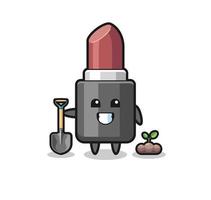 cute lipstick cartoon is planting a tree seed vector