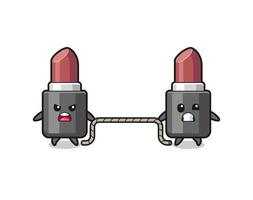 cute lipstick character is playing tug of war game vector