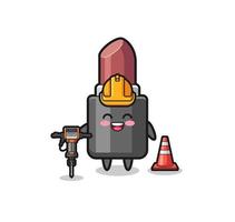 road worker mascot of lipstick holding drill machine vector