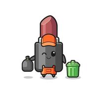 the mascot of cute lipstick as garbage collector vector