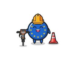 Mascota del trabajador de la carretera de la bandera del euro sosteniendo la máquina perforadora vector