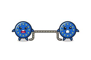 cute euro flag character is playing tug of war game vector