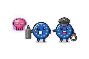 Dibujos animados de la bandera del euro haciendo vandalismo y capturado por la policía vector