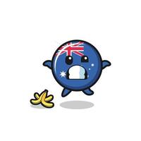 la caricatura de la bandera de australia se desliza sobre una cáscara de plátano vector