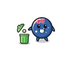 Ilustración de la bandera de Australia tirando basura en el bote de basura vector