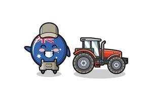 La mascota del granjero de la bandera de Australia de pie junto a un tractor vector