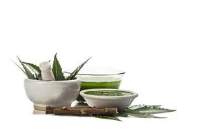 Medicinal Neem leaves in mortar and pestle with neem paste, juice and twigs on white background photo