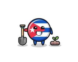 la linda caricatura de la bandera de cuba está plantando una semilla de árbol vector