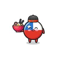 bandera de chile como mascota chef chino sosteniendo un tazón de fideos vector