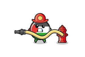 Dibujos animados de la bandera de Palestina como mascota bombero con manguera de agua vector