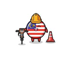 Mascota del trabajador de la carretera de la bandera de Malasia sosteniendo la máquina perforadora vector