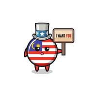 malaysia flag cartoon as uncle Sam holding the banner I want you vector