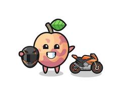 linda caricatura de fruta pluot como piloto de motos vector