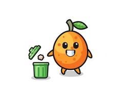 Ilustración del kumquat tirando basura en el bote de basura vector