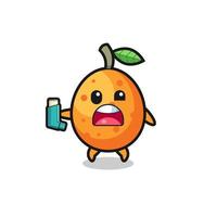 kumquat mascot having asthma while holding the inhaler vector