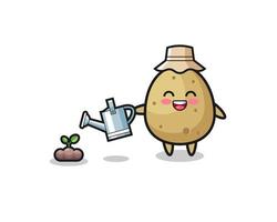 cute potato is watering plant seeds vector