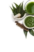 Medicinal Neem leaves in mortar and pestle with neem paste, juice and twigs on white background photo