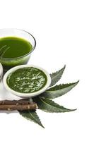 Medicinal Neem leaves in mortar and pestle with neem paste, juice and twigs on white background photo