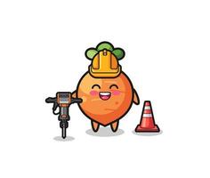 Mascota del trabajador de la carretera de zanahoria sosteniendo la máquina perforadora vector