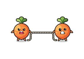 cute carrot character is playing tug of war game vector