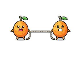 cute kumquat character is playing tug of war game vector