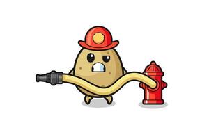 potato cartoon as firefighter mascot with water hose vector