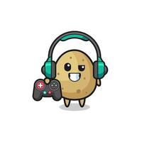 potato gamer mascot holding a game controller vector