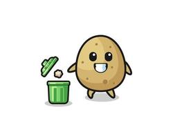 illustration of the potato throwing garbage in the trash can vector