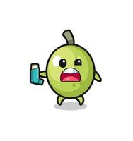 olive mascot having asthma while holding the inhaler vector