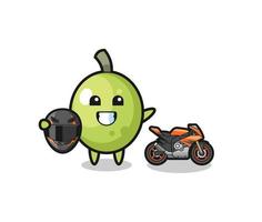 cute olive cartoon as a motorcycle racer