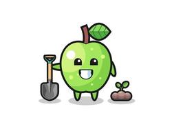 cute green apple cartoon is planting a tree seed vector