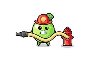 caricatura de manzana verde como mascota bombero con manguera de agua vector
