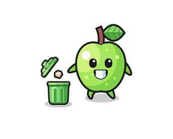 illustration of the green apple throwing garbage in the trash can vector