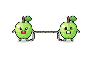 cute green apple character is playing tug of war game vector