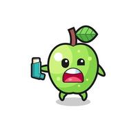 green apple mascot having asthma while holding the inhaler vector